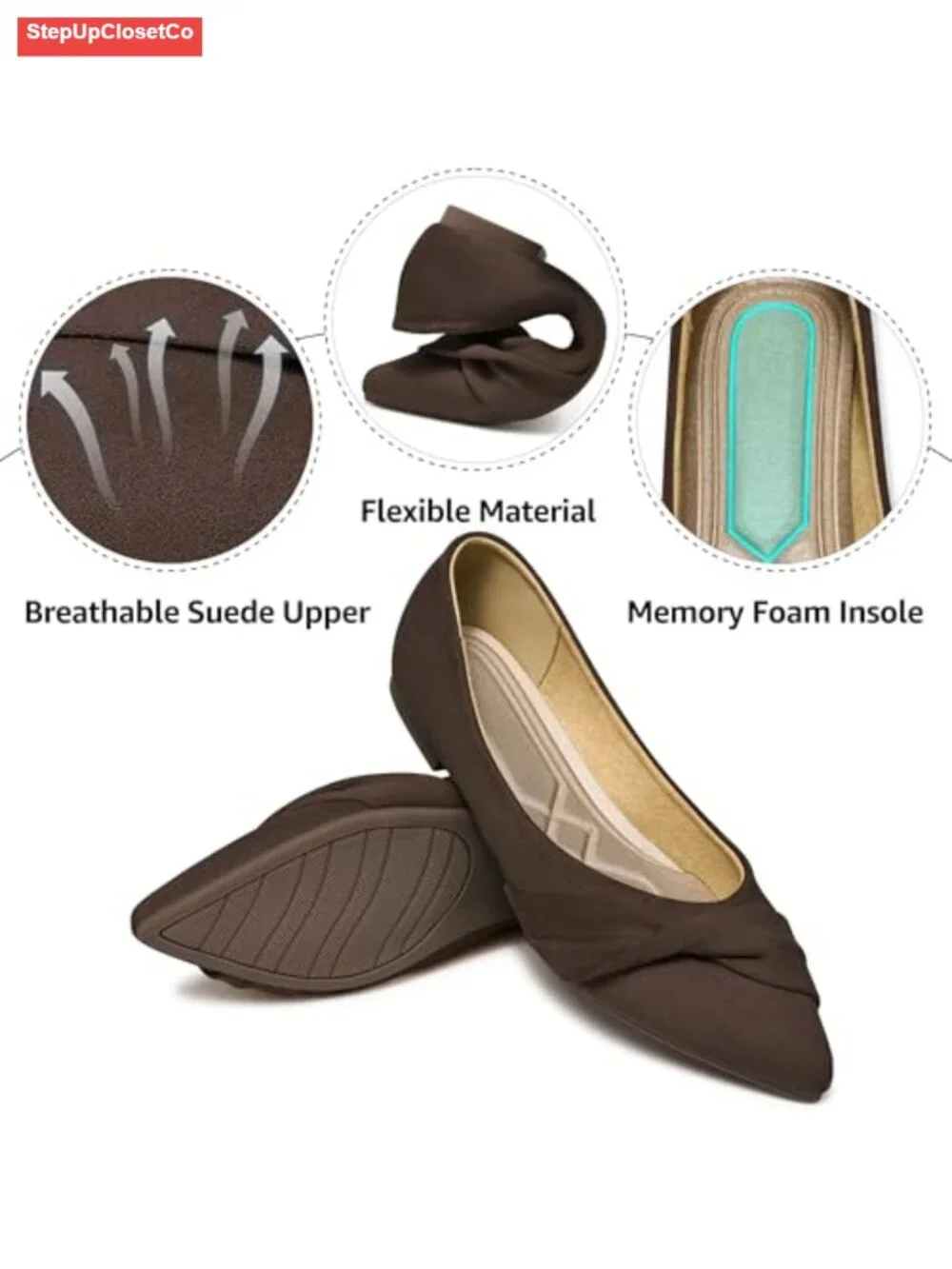 Faux Suede Pointed Toe Ballet Flats - Slip On Comfort Shoes for Office Work